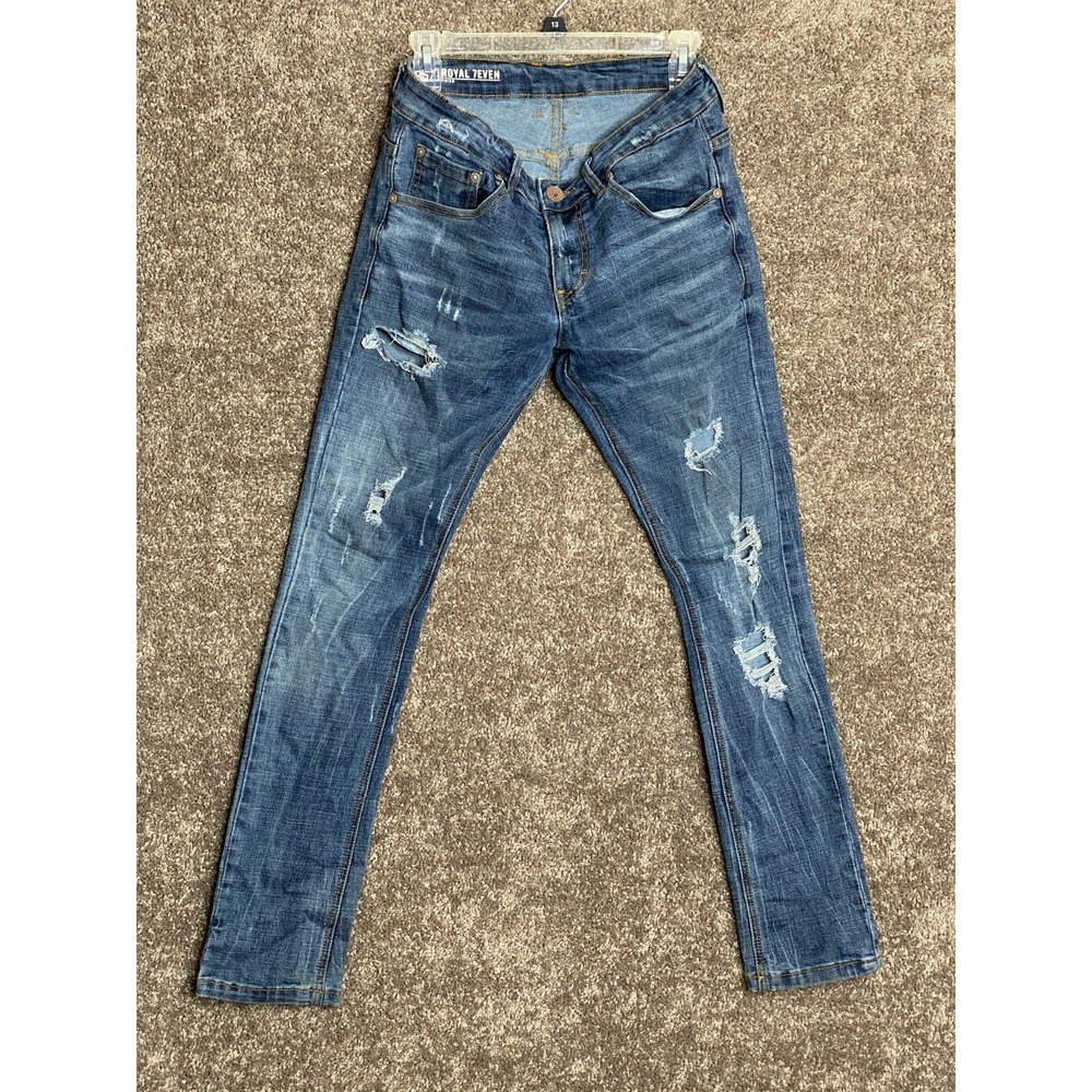 Royal 7even RS7 Mens Distressed Slim Fit Jeans Blue 30x30‎ Distressed Denim